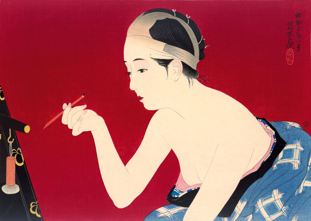 Itō Shinsui, Femme se noircissant les sourcils, 1928 Gravure sur bois en couleurs, 28,2 × 40,2 cm Collection Elise Wessels – Nihon no hanga, Amsterdam
