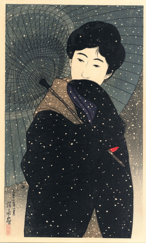 Itō Shinsui, Nuit dans la neige, issu de la série Douze nouvelles belles femmes, 1923 Gravure sur bois en couleurs, 43,2 × 26,2 cm Collection Elise Wessels – Nihon no hanga, Amsterdam