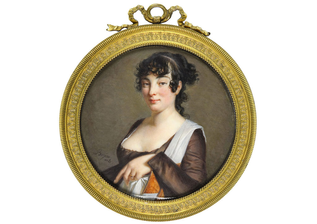 Antoine Berjon (Saint-Pierre de Vaise 1754-1843 Lyon) Portrait d’une femme, An 8 (1799-1800) Aquarelle sur ivoire, 80 mm (diam.) Fondation Custodia, Collection Frits Lugt, Paris