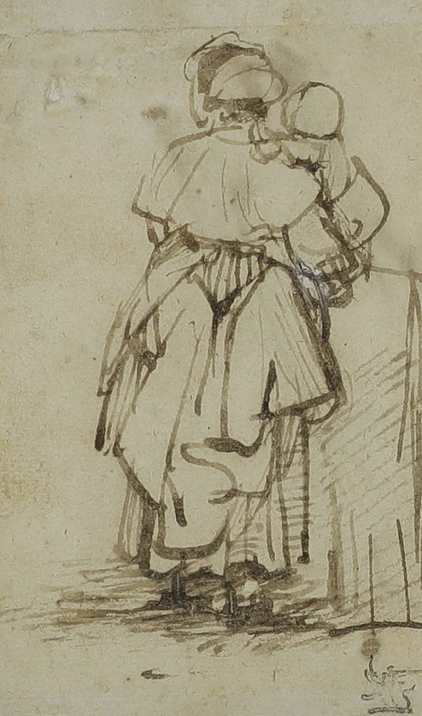 Rembrandt Harmensz van Rijn (Leyde 1606 – 1669 Amsterdam), Étude d’une femme tenant un enfant dans les bras, vers 1650