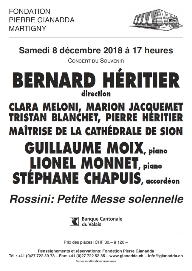 Fondation Pierre Gianadda affiche Bernard Héritier, Maîtrise de la Cathédrale de Sion, Guillaume Moix, Lionel Monnet, Stéphane Chapuis