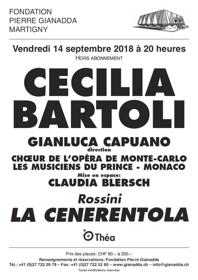 Fondation Pierre Gianadda affiche Cecilia Bartoli, Gianluca Capuano, Chœur de l'Opéra de Monte-Carlo, Les Musiciens du Prince, Claudia Blersch