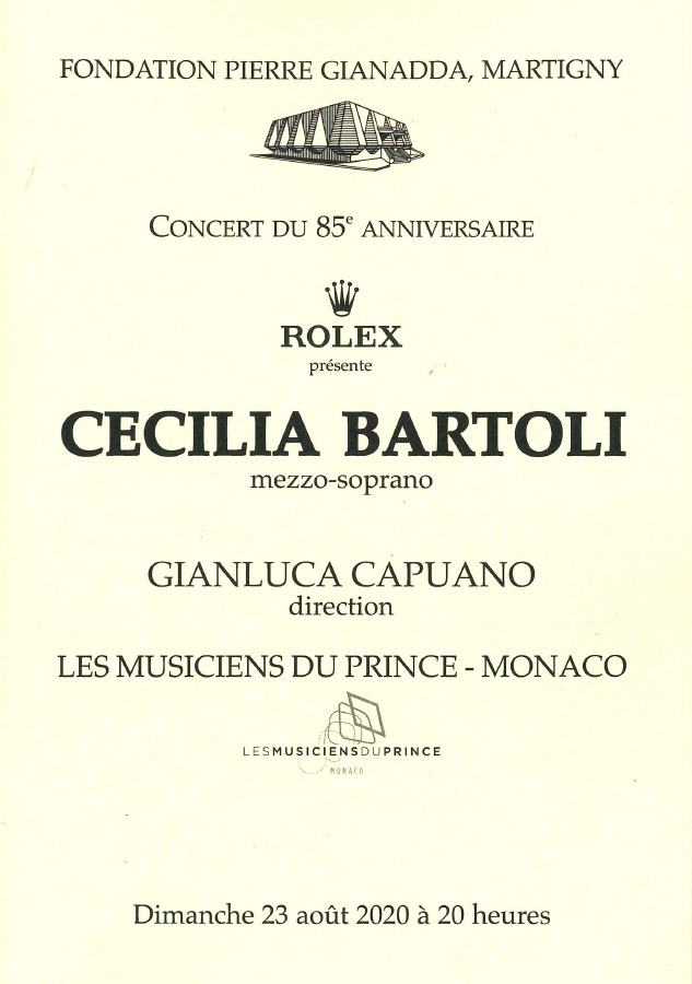 Fondation Pierre Gianadda affiche Cecilia Bartoli, Gianluca Capuano, Chœur de l'Opéra de Monte-Carlo, Les Musiciens du Prince