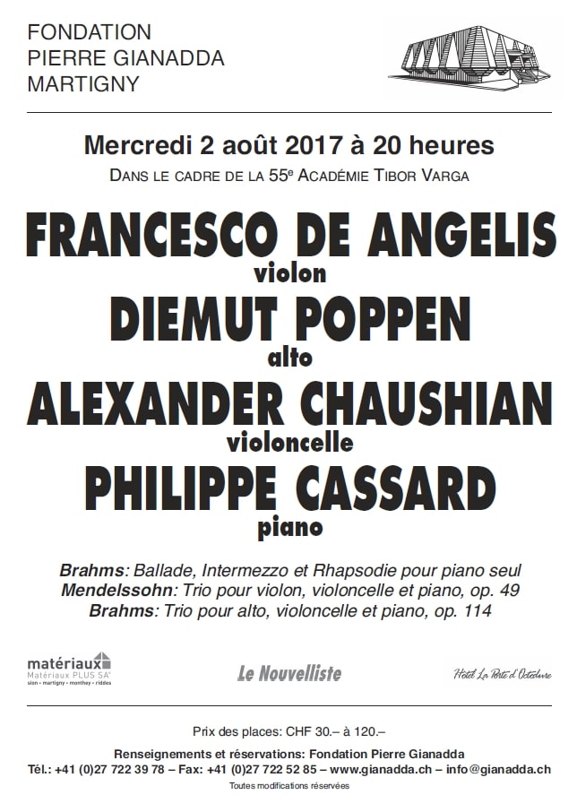 Fondation Pierre Gianadda affiche Francesco De Angelis, Diemut Poppen, Alexander Chaushian, Philippe Cassard