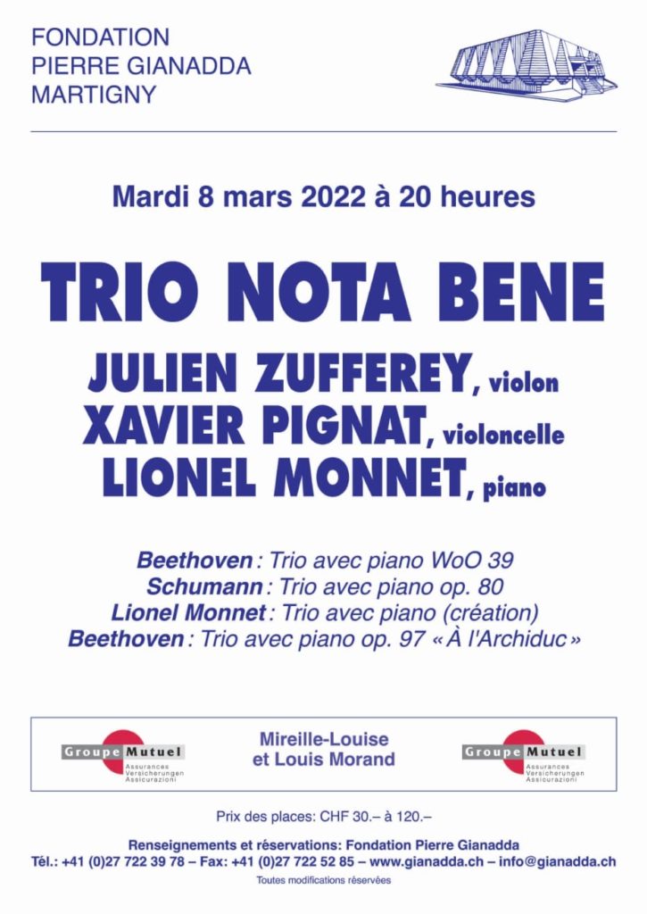 Fondation Pierre Gianadda affiche Trio Nota Bene