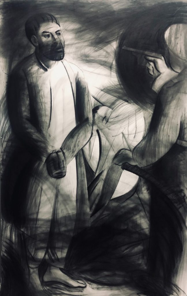 Nikita Kadan, Repetition of Forgetting (2), 2017-2019. Fusain sur papier, 220 x 150 cm. Courtesy Galerie Poggi, Paris