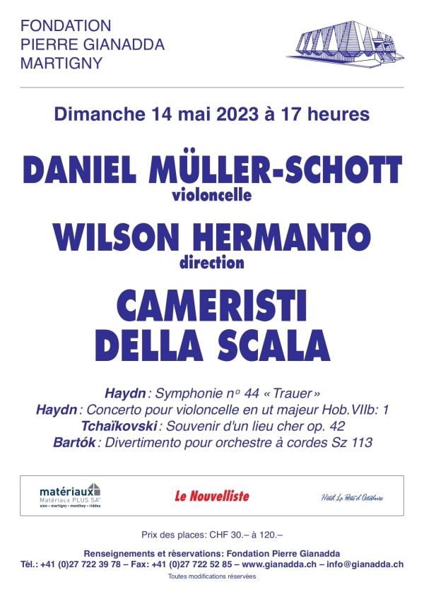 Fondation Pierre Gianadda, affiche Daniel Müller-Schott, Wilson Hermanto, Cameristi Della Scala