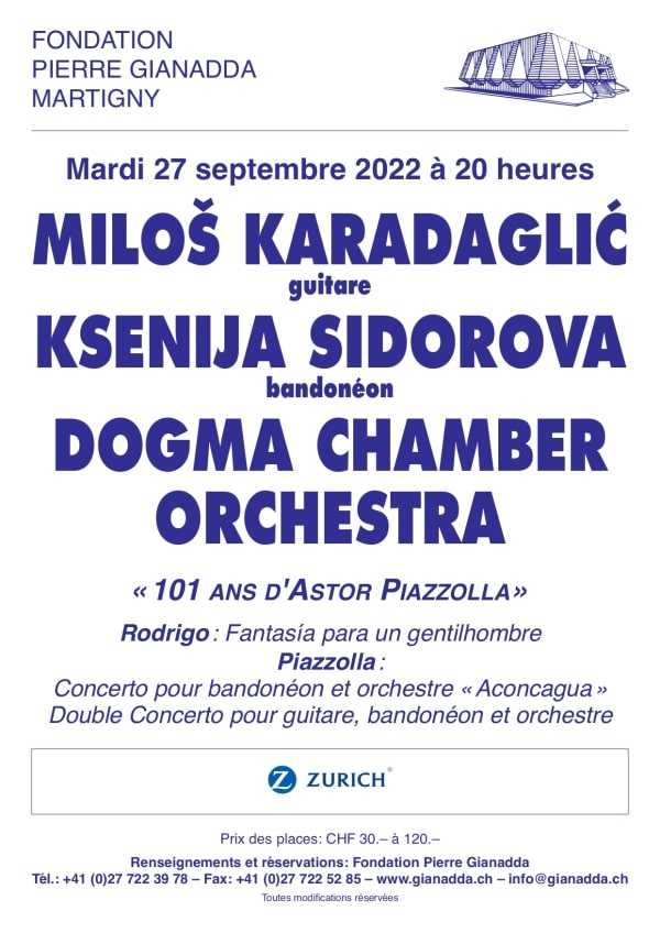 Fondation Pierre Gianadda, affiche Milos Karadaglic, Ksenija Sidorova, Dogma Chamber Orchestra