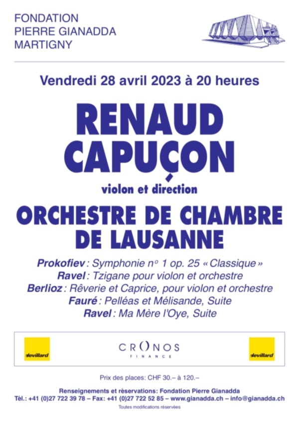 Fondation Pierre Gianadda, affiche Renaud Capiçon et l'orchestre de chambre de Lausanne