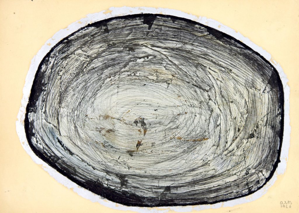Anna-Eva Bergman, Sans titre, 1960. Tempera et feuille de métal sur papier, 27 X 37.5 cm