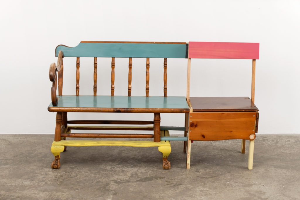 Martin Kersels, Bench, 2022. Second hand furniture, wood, paint, 33 1:16 x 60 x 20 1:16 inches