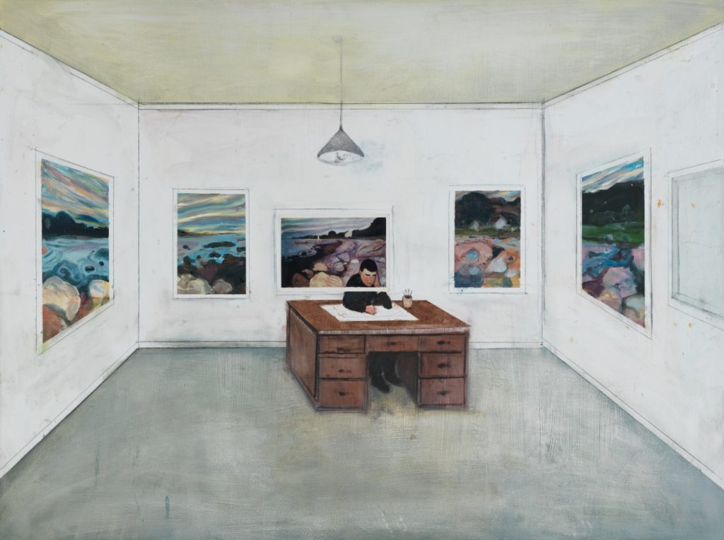 William Wegman, Inside Outside, 2014. Oil and postcards on wood panel, 29 7:8 x 39 15:16 inches