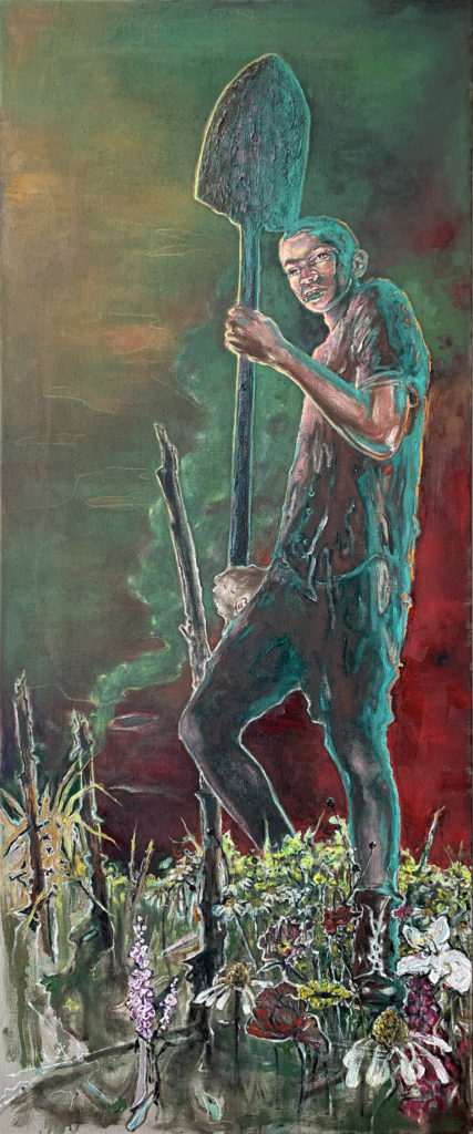 Anthony Goicolea, Grave Digger, 2022. Huile sur toile de lin brut, 172,7 x 71,1 cm