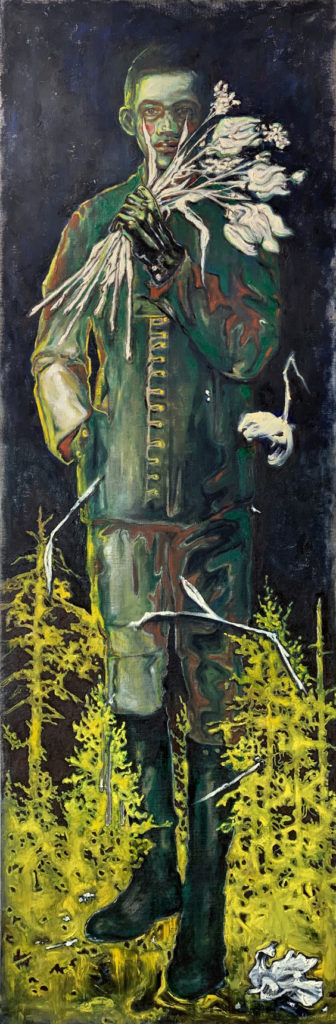 Anthony Goicolea, Soldierette with Wild Flowers, 2021. Huile sur toile de lin brut, 182,9 x 61 cm
