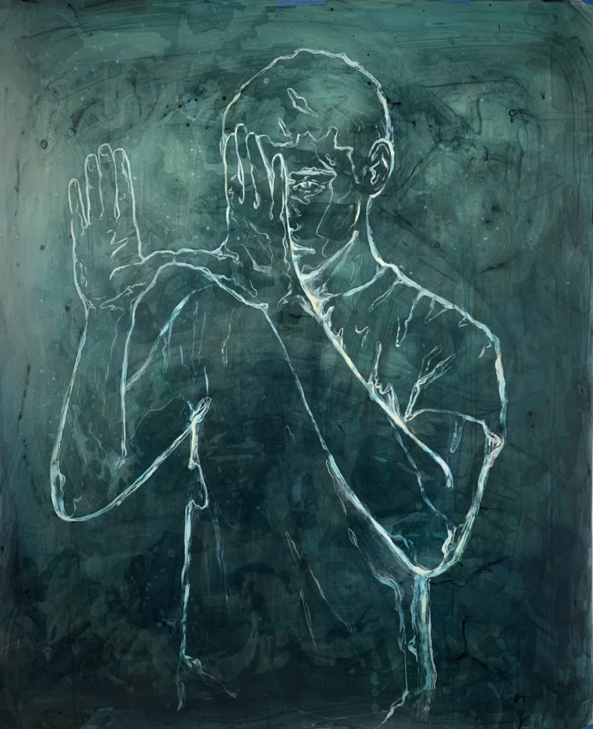 Anthony Goicolea, The Director, 2022. Acrylique, graphite, craie et peinture à l'huile sur film Mylar givré. 86,4 x 71,1 cm