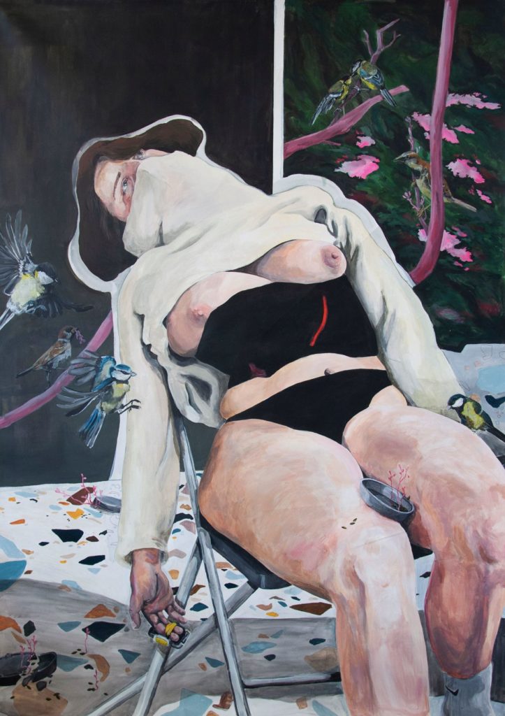 Emilie Caie, Back break, 2022. Acrylique et techniques mixtes, 154 x 100 cm